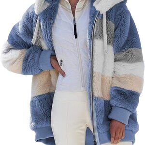 Womens 2025 Winter Fuzzy Fleece Jacket Hooded Color Block Patchwork Cardigan Coa